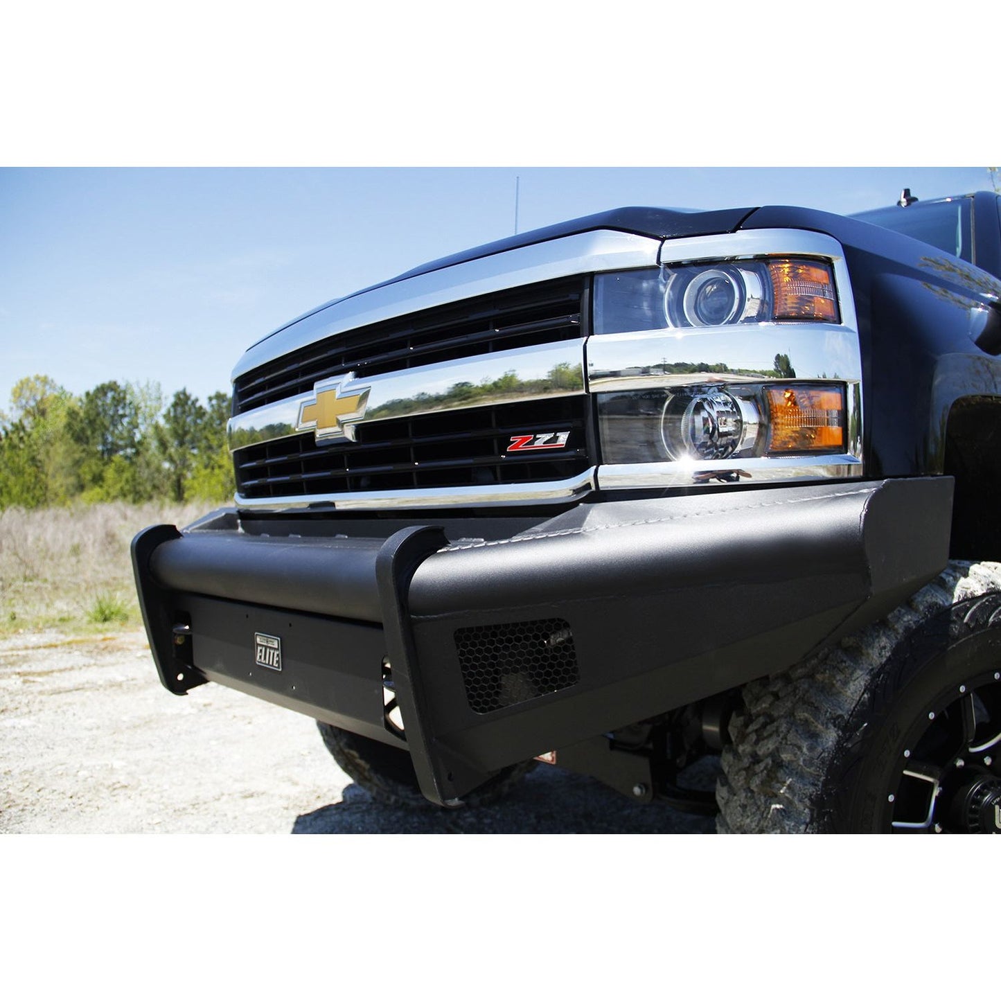 Fab Fours Elite Front Bumper 2 Stage Black Powder Coated w/o Full Grill Guard Incl. Light Cut-Outs l CH05-Q1361-1