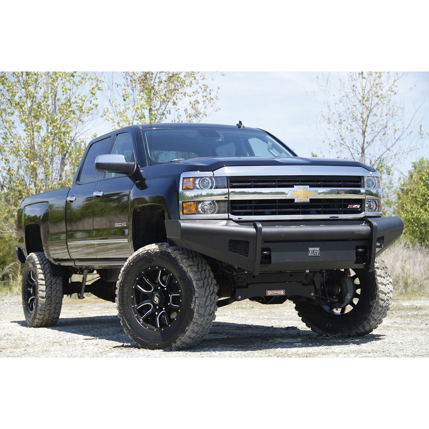 Fab Fours Elite Front Bumper 2 Stage Black Powder Coated w/o Full Grill Guard Incl. Light Cut-Outs l CH05-Q1361-1