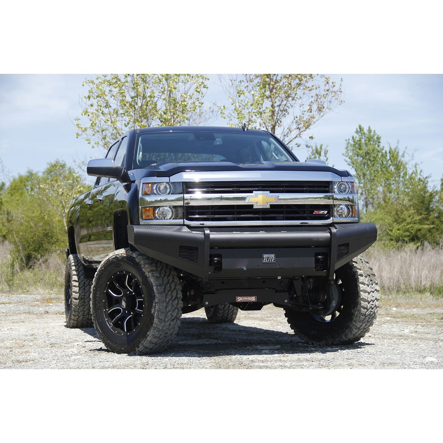 Fab Fours Elite Front Bumper 2 Stage Black Powder Coated w/o Full Grill Guard Incl. Light Cut-Outs l CH05-Q1361-1