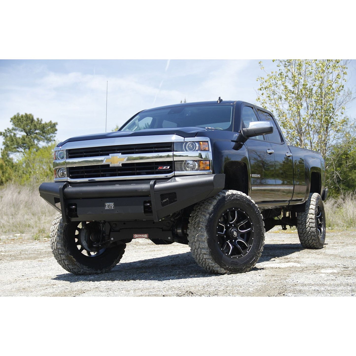 Fab Fours Elite Front Bumper 2 Stage Black Powder Coated w/o Full Grill Guard Incl. Light Cut-Outs l CH05-Q1361-1
