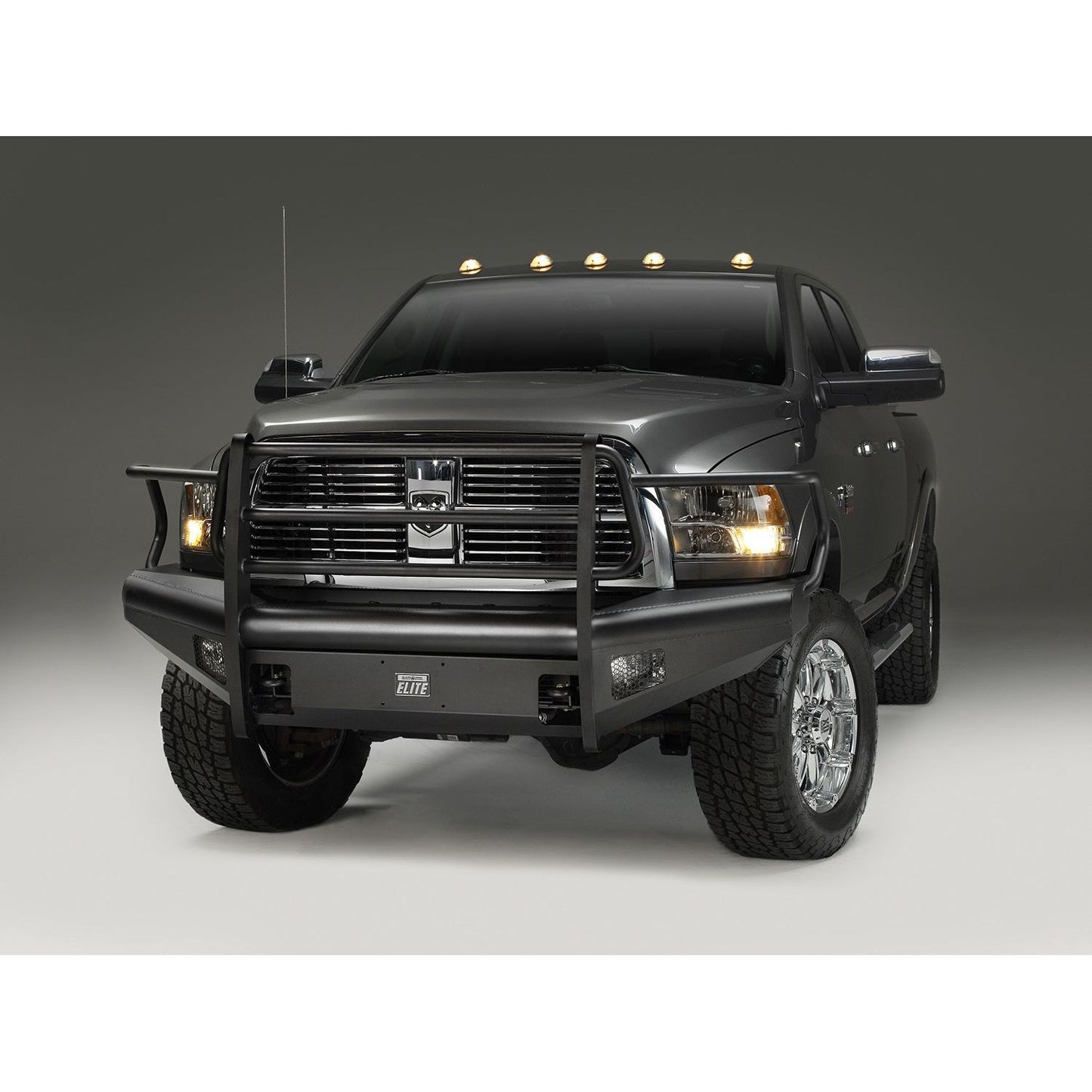 Fab Fours Elite Front Bumper 2 Stage Black Powder Coated w/Full Grill Guard Incl. Light Cut-Outs l DR10-Q2960-1