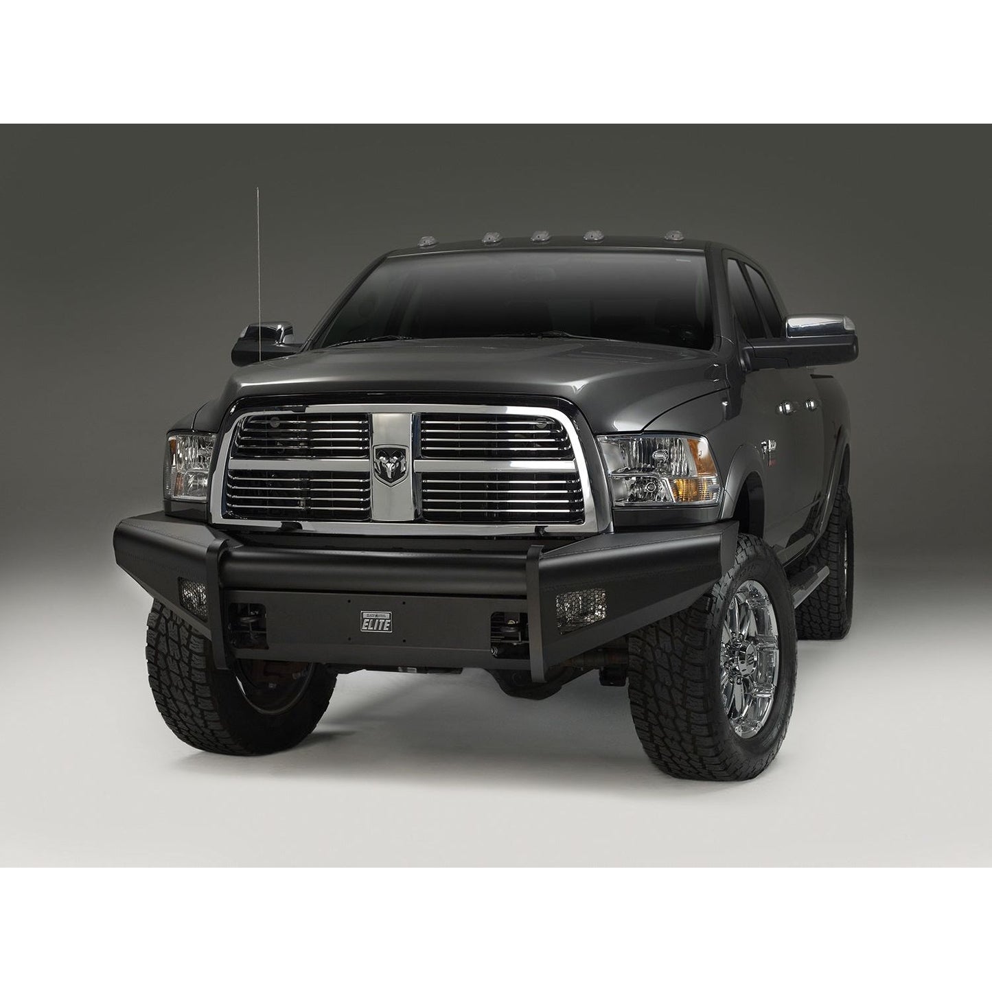 Fab Fours Elite Front Bumper 2 Stage Black Powder Coated w/o Full Grill Guard Incl. Light Cut-Outs l DR10-Q2961-1
