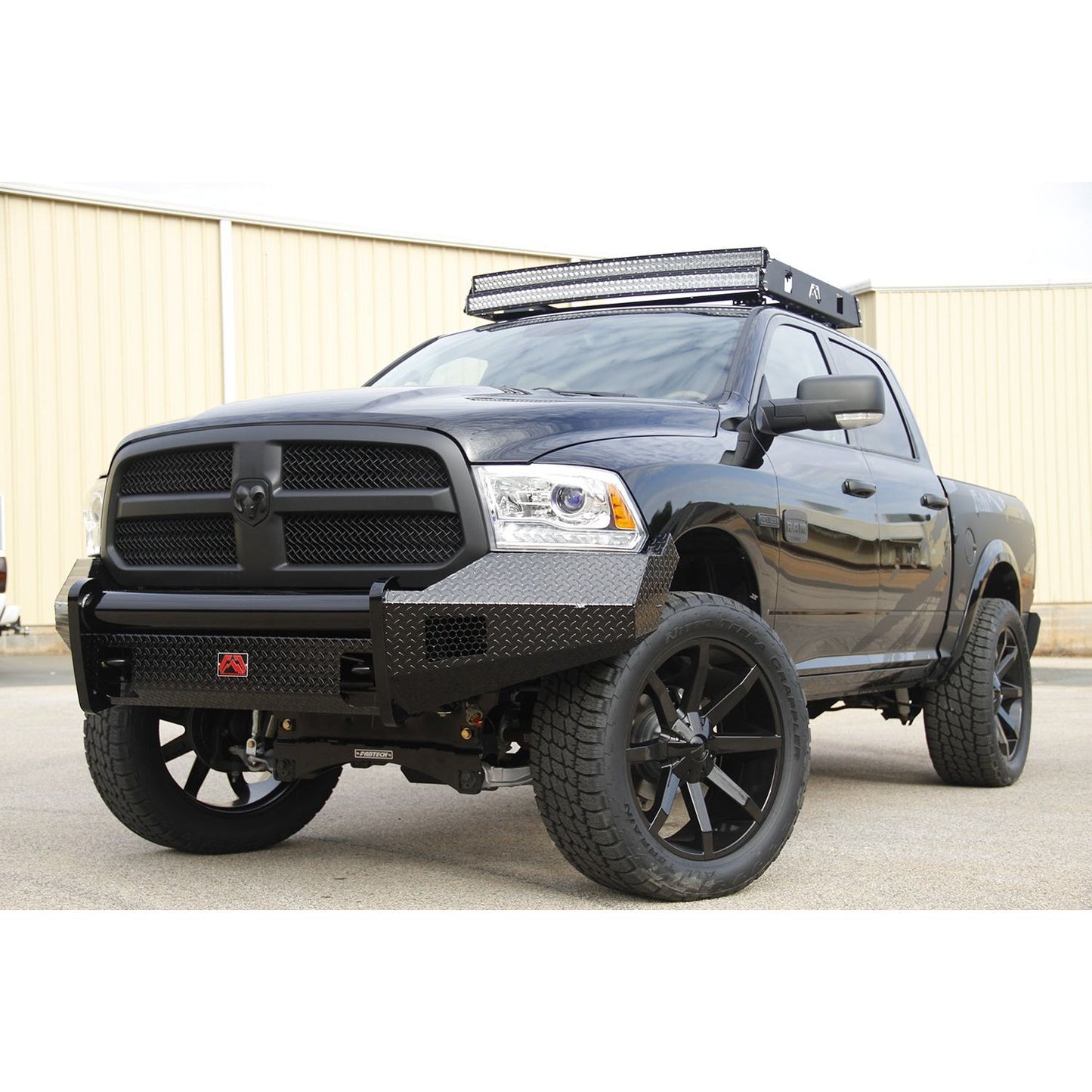 Fab Fours Black Steel Front Bumper 2 Stage Black Powder Coated w/o Grill Guard w/Tow Hooks l DR13-K2961-1