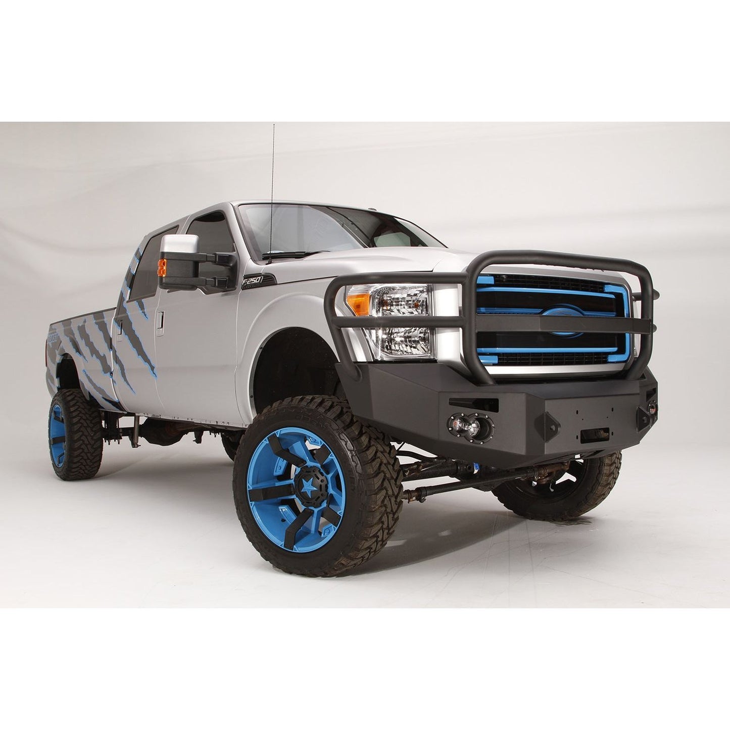 Fab Fours Premium Heavy Duty Winch Front Bumper 2 Stage Black Powder Coated w/Full Grill Guard Incl. 1 in. D-Ring Mounts/Light Cut-Outs w/Hella 90mm Fog Lamps And 60mm Turn Signals l FS11-A2550-1