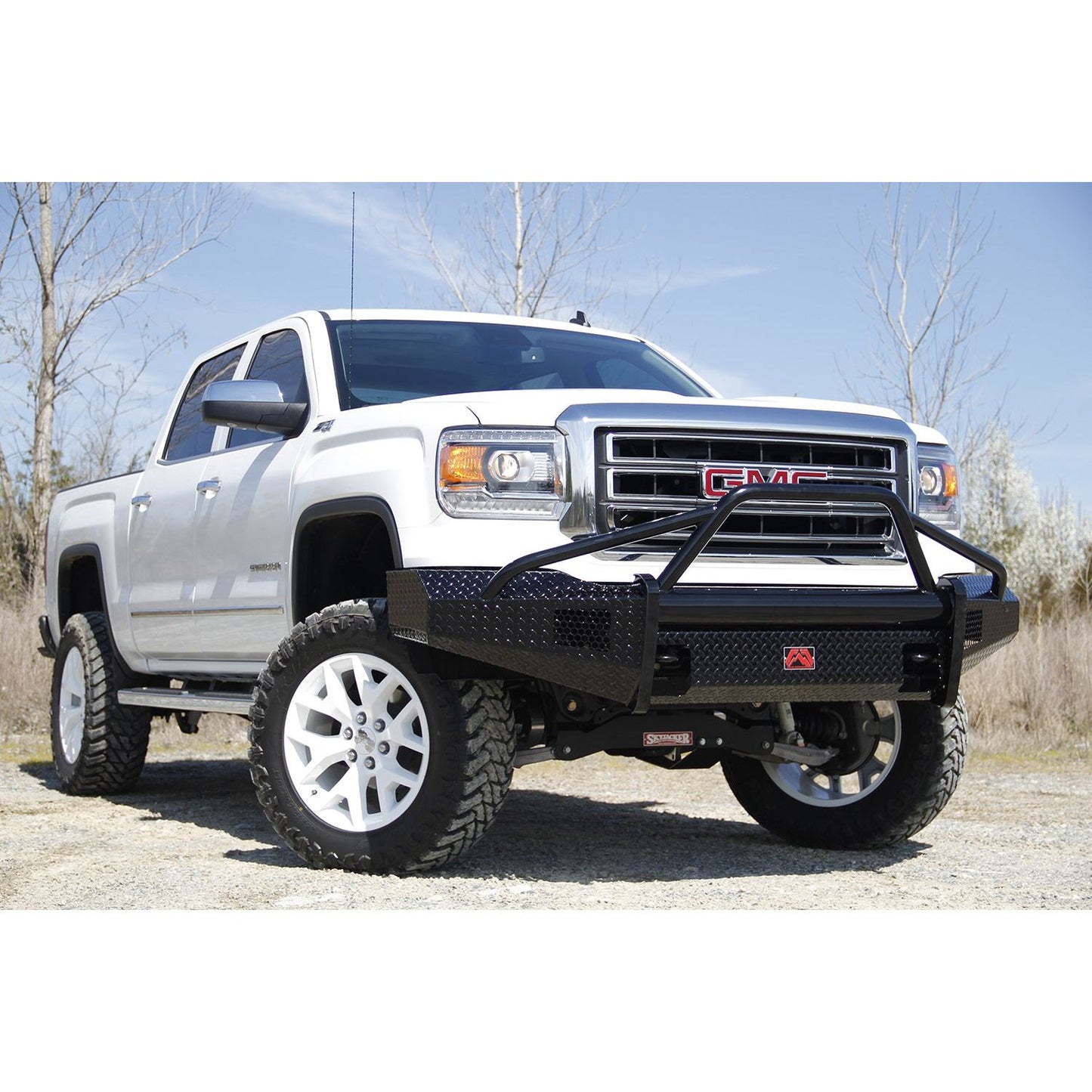 Fab Fours Black Steel Front Ranch Bumper 2 Stage Black Powder Coated w/Pre-Runner Grill Guard Incl. Light Cut-Outs l GM07-K2162-1