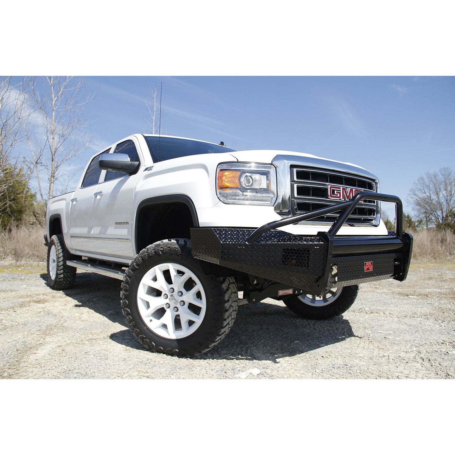 Fab Fours Black Steel Front Ranch Bumper 2 Stage Black Powder Coated w/Pre-Runner Grill Guard Incl. Light Cut-Outs l GM07-K2162-1