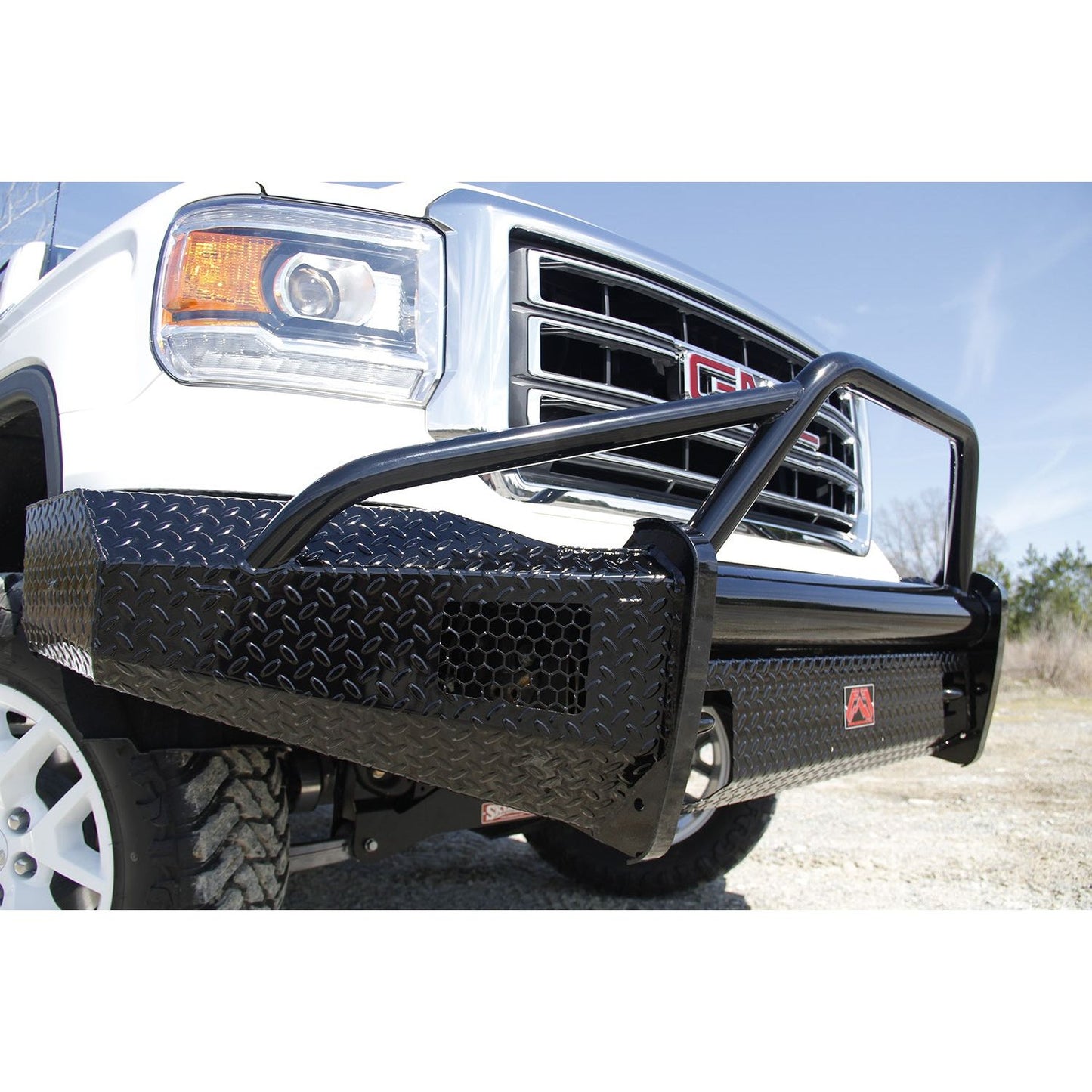 Fab Fours Black Steel Front Ranch Bumper 2 Stage Black Powder Coated w/Pre-Runner Grill Guard Incl. Light Cut-Outs l GM07-K2162-1