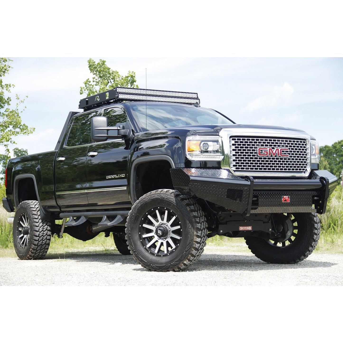 Fab Fours Black Steel Front Ranch Bumper 2 Stage Black Powder Coated w/o Full Grill Guard Incl. Light Cut-Outs l GM08-S2161-1