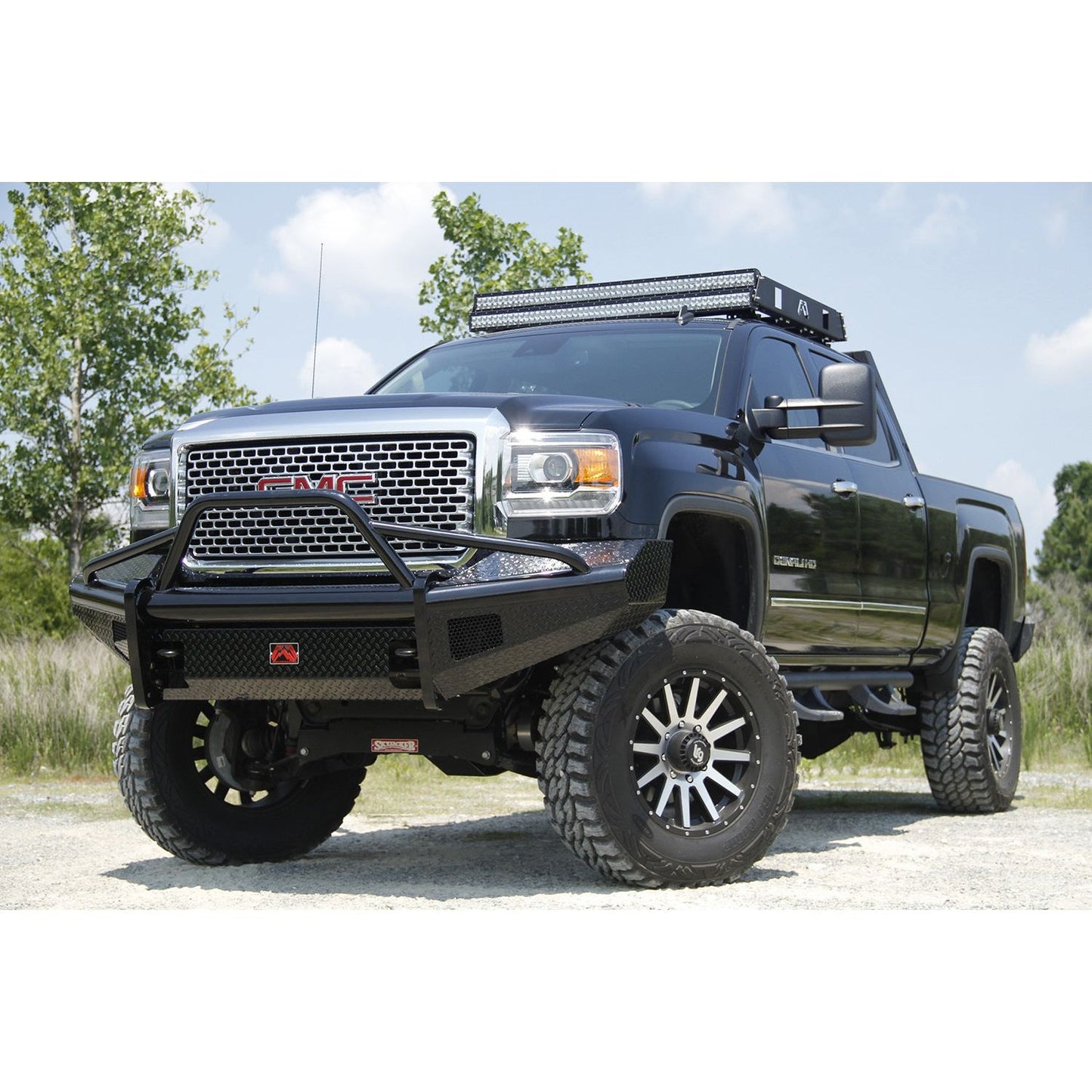 Fab Fours Black Steel Front Ranch Bumper 2 Stage Black Powder Coated w/Pre-Runner Grill Guard Incl. Light Cut-Outs l GM08-S2162-1