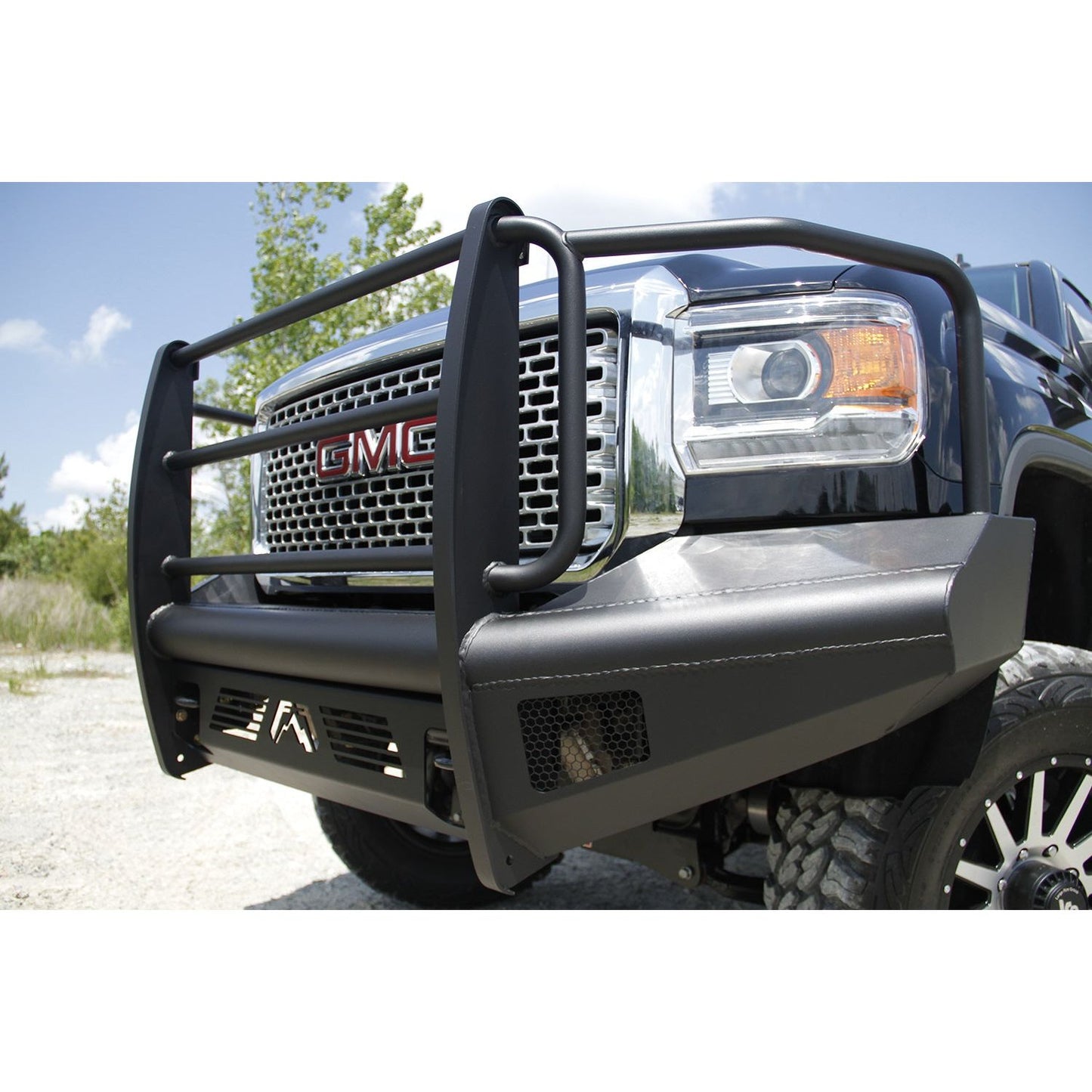 Fab Fours Elite Front Ranch Bumper 2 Stage Black Powder Coated w/Full Grill Guard And Tow Hooks l GM14-Q3160-1