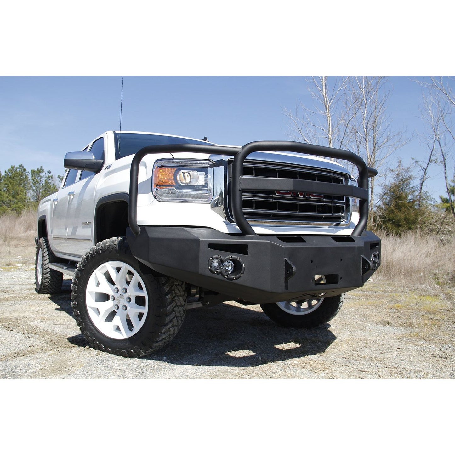 Fab Fours Premium Winch Front Bumper 2 Stage Black Powder Coated w/Full Grill Guard Incl. 90mm Fog Lamps/60mm Turn Lights D-Ring Mounts l GS14-H3150-1