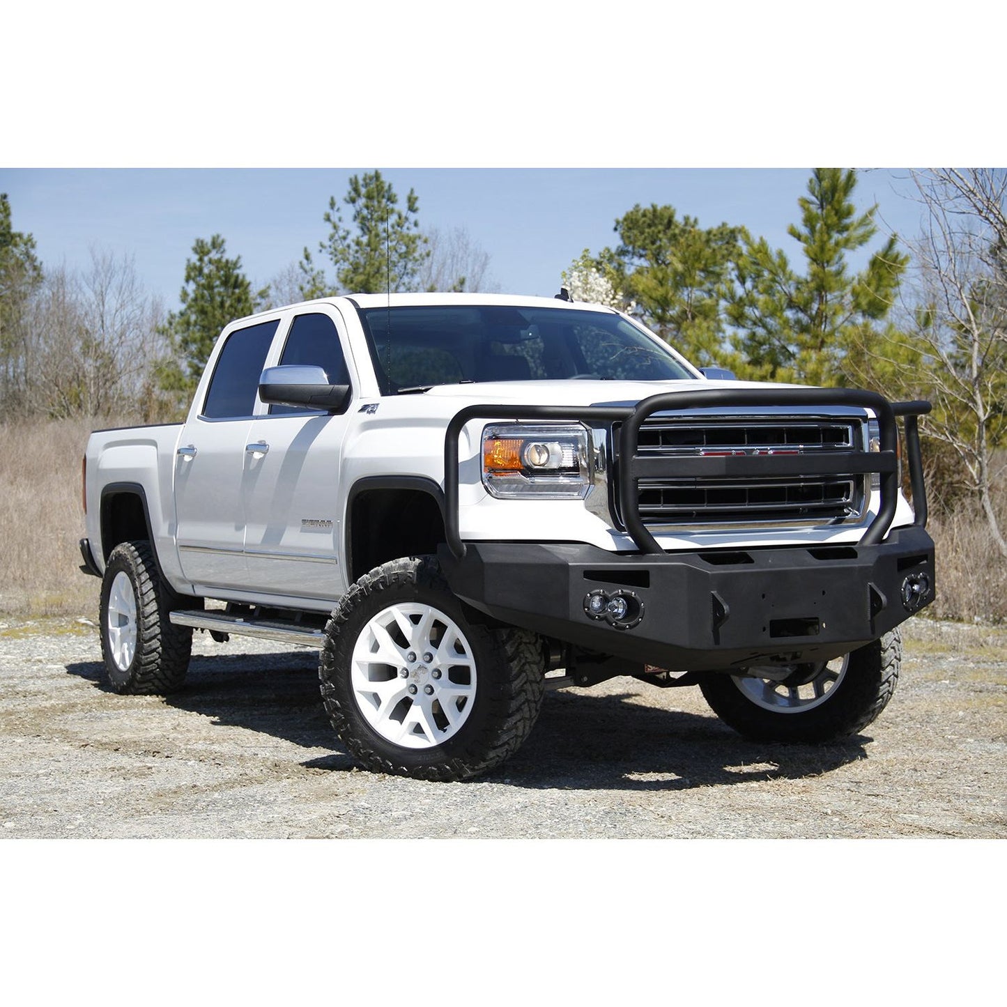 Fab Fours Premium Winch Front Bumper 2 Stage Black Powder Coated w/Full Grill Guard Incl. 90mm Fog Lamps/60mm Turn Lights D-Ring Mounts l GS14-H3150-1
