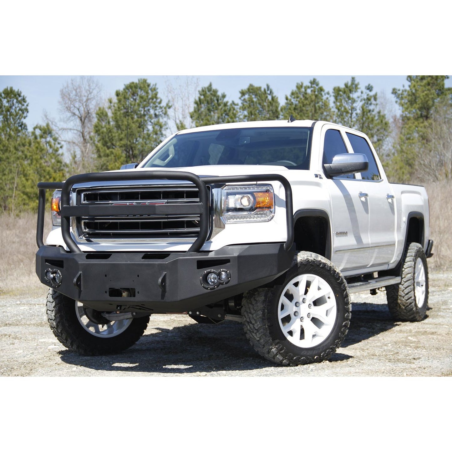 Fab Fours Premium Winch Front Bumper 2 Stage Black Powder Coated w/Full Grill Guard Incl. 90mm Fog Lamps/60mm Turn Lights D-Ring Mounts l GS14-H3150-1