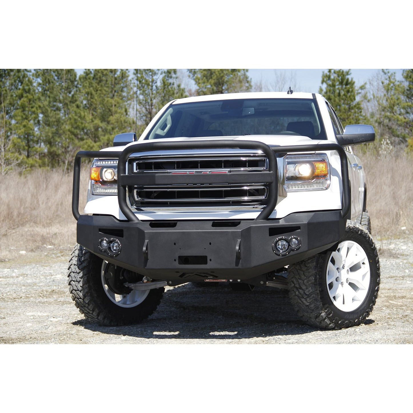 Fab Fours Premium Winch Front Bumper 2 Stage Black Powder Coated w/Full Grill Guard Incl. 90mm Fog Lamps/60mm Turn Lights D-Ring Mounts l GS14-H3150-1