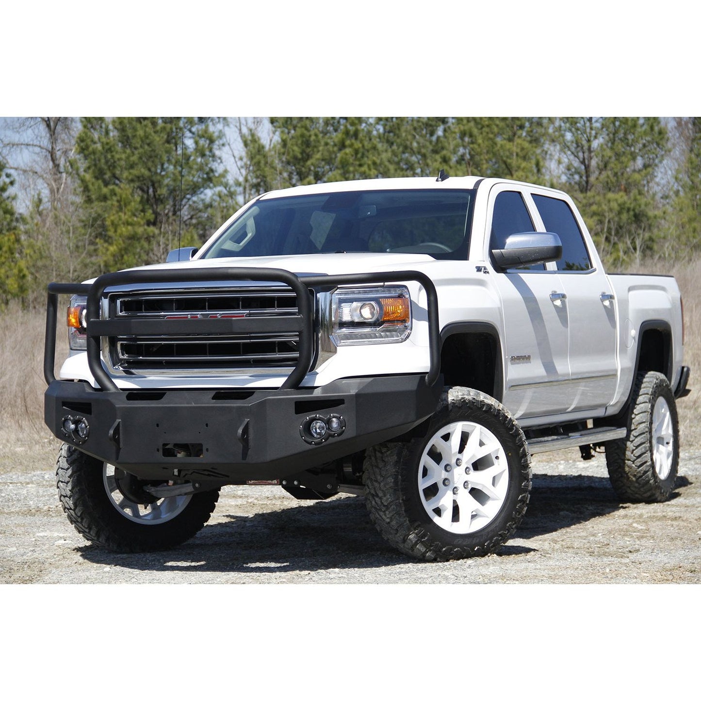 Fab Fours Premium Winch Front Bumper 2 Stage Black Powder Coated w/Full Grill Guard Incl. 90mm Fog Lamps/60mm Turn Lights D-Ring Mounts l GS14-H3150-1
