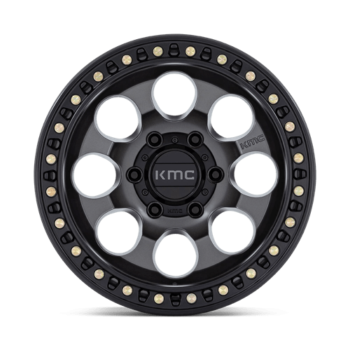 KMC KM550 RIOT SBL Anthracite W/ Satin Black Lip wheel showcasing rugged design and durability for off-road vehicles.