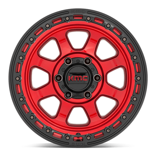 KMC KM548 CHASE Candy Red W/ Black Lip wheel designed for off-road trucks, Jeeps, and SUVs enhancement.