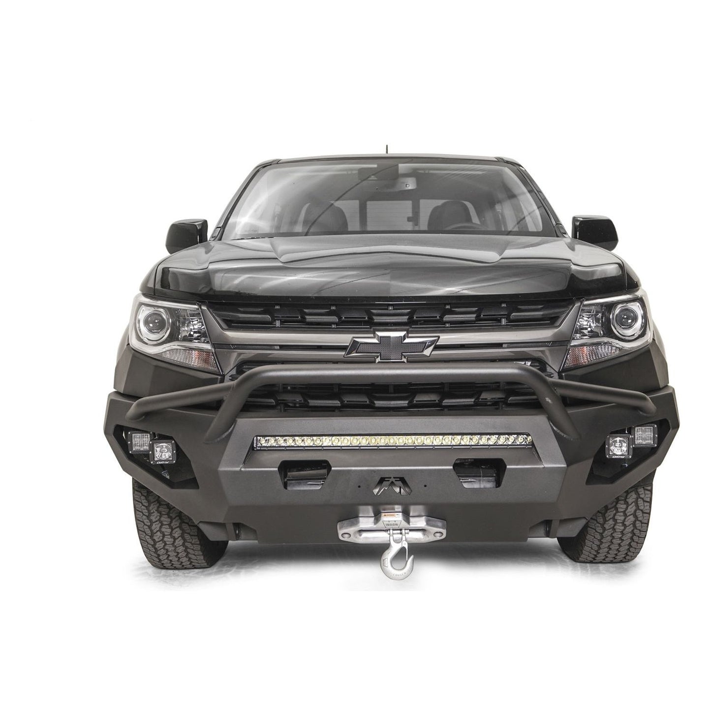 Fab Fours Matrix Front Bumper w/Pre-Runner Guard Black Powder Coat 136 lbs. Weight 15 in. Height 74 in. Width 25.5 in. Depth l CC21-X5152-1