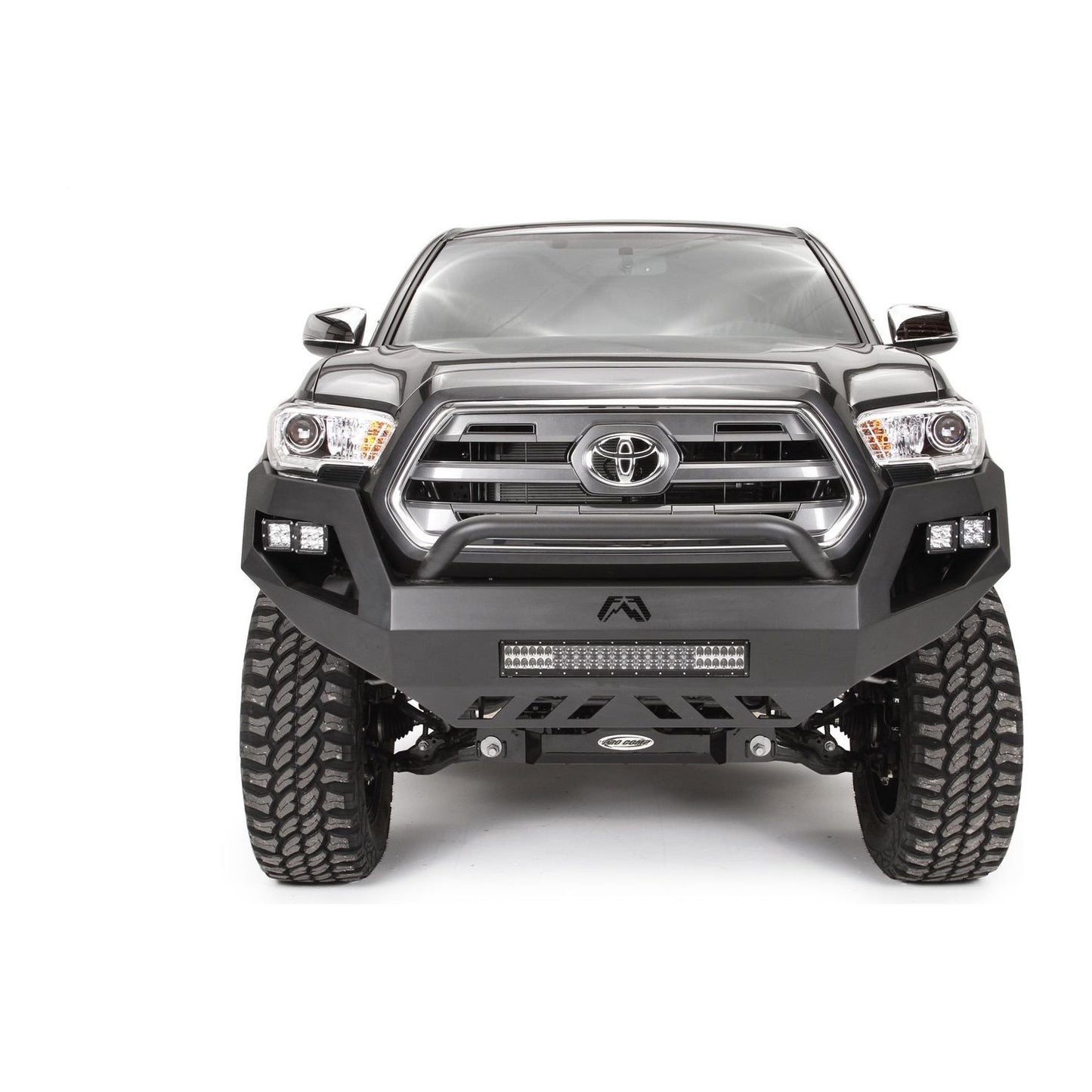 Fab Fours Vengeance Front Bumper w/Low Pre-Runner Guard Lower Cutout 11 Gauge Steel Black Powder Coat 81 lbs. Weight 22 in. Height 76 in. Width 25 in. Depth l TT16-D3653-1
