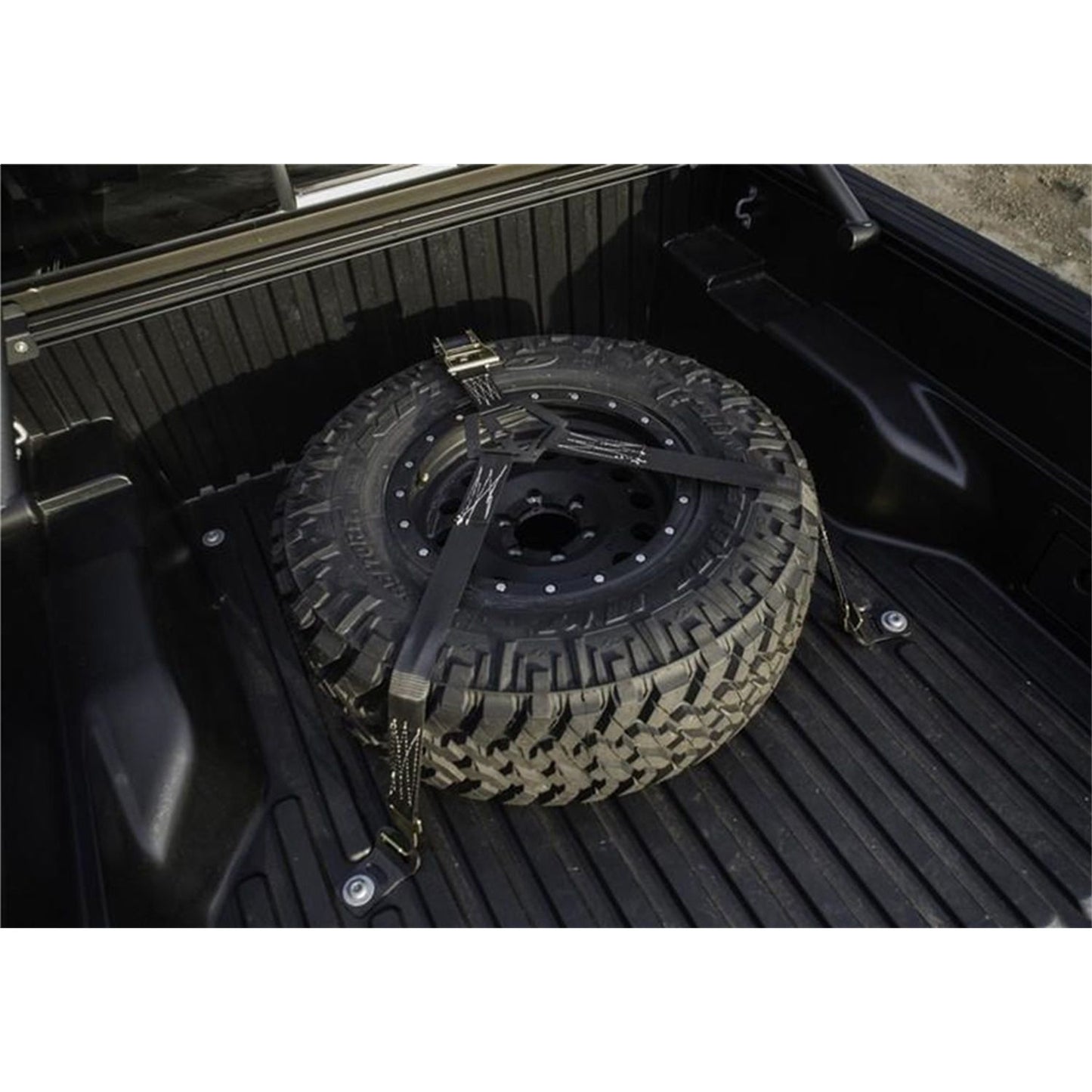 N-Fab | Gloss Black Bed Mounted Rapid Strap Tire Carrier w/Black Strap | BM1TSBK