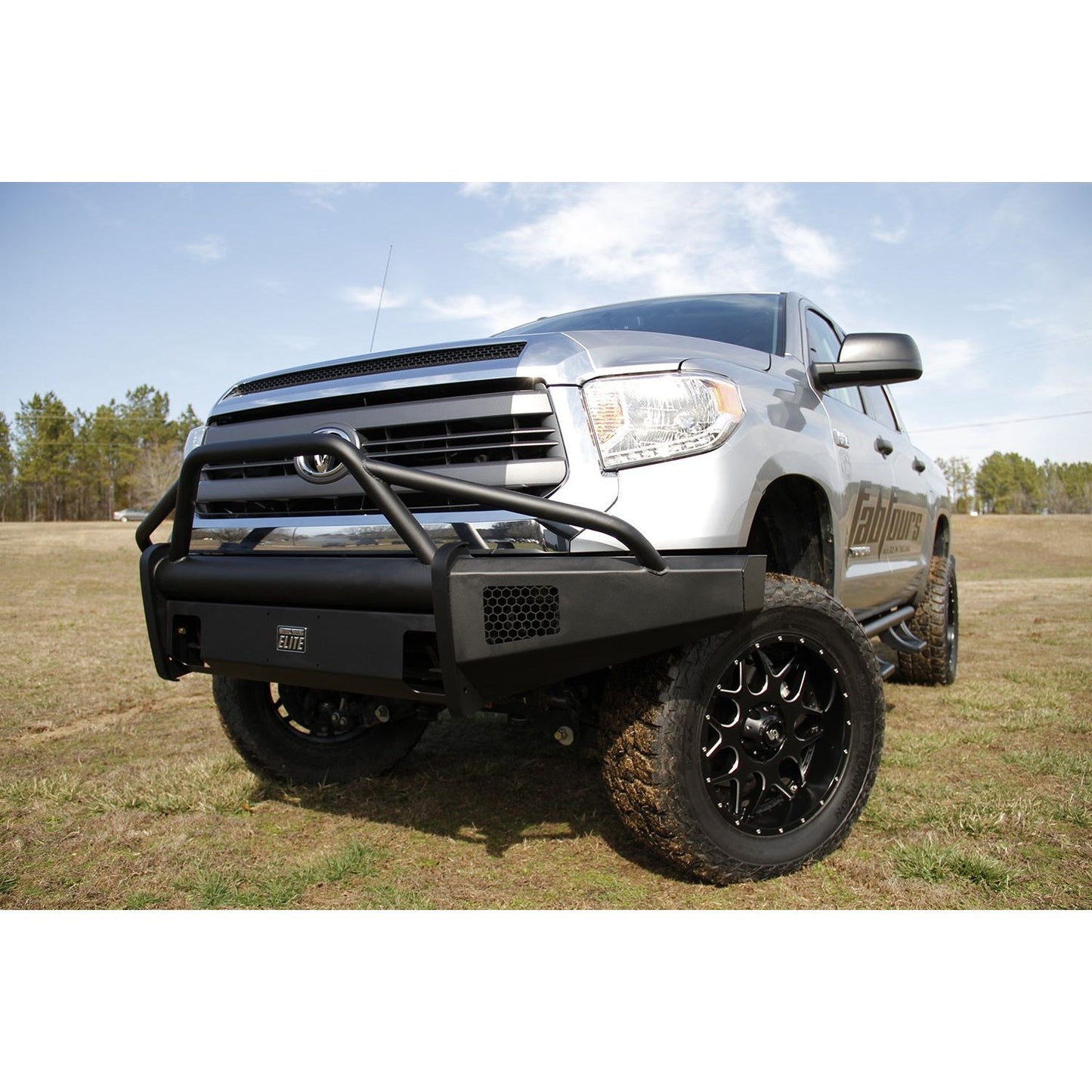 Fab Fours Elite Front Bumper 2 Stage Black Powder Coated w/Pre-Runner Grill Guard And Tow Hooks l TT14-R2862-1