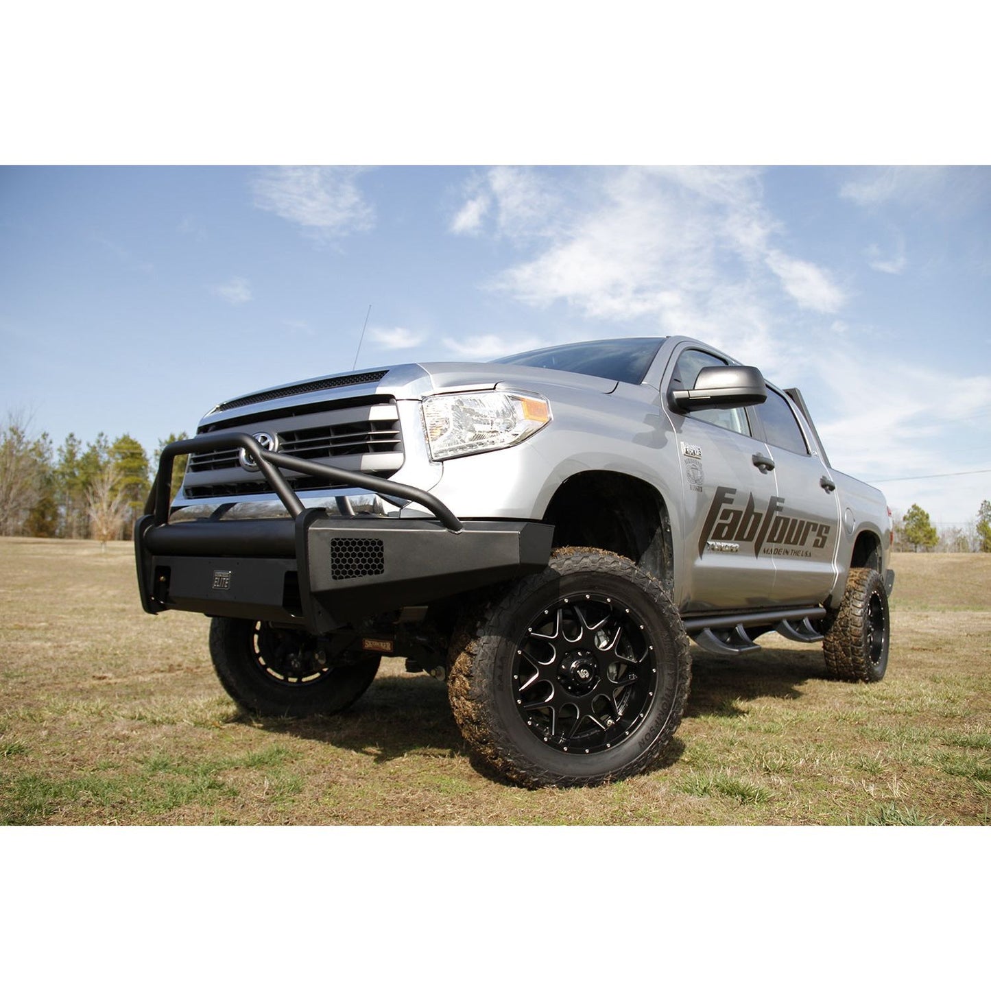 Fab Fours Elite Front Bumper 2 Stage Black Powder Coated w/Pre-Runner Grill Guard And Tow Hooks l TT14-R2862-1