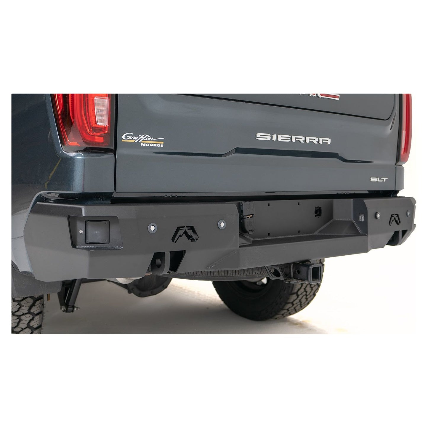 Fab Fours Premium Rear Bumper 2 Stage Black Powder Coat w/Blind Spot Monitor Mount l CS19-W4051-1