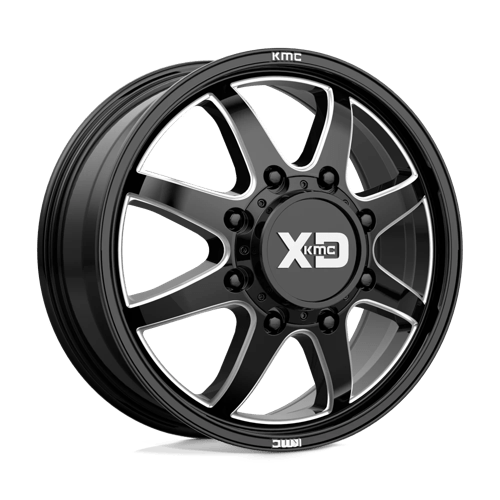XD XD845 PIKE DUALLY Gloss Black Milled - Front wheel showcasing heavy-duty design and aggressive style.