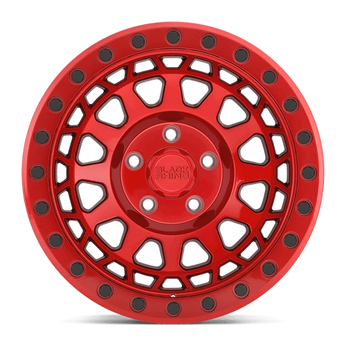 Black Rhino PRIMM Candy Red W/ Black Bolts wheel showcasing aggressive styling and beadlock design.