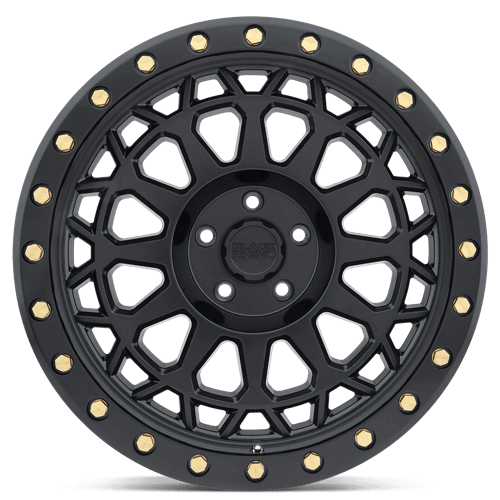 Black Rhino PRIMM Matte Black W/ Brass Bolts wheel showcasing a concave design and beadlock styling.