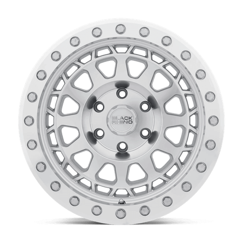 Black Rhino PRIMM Silver W/ Mirror Face Mach Rg wheel featuring a concave design and aggressive styling.