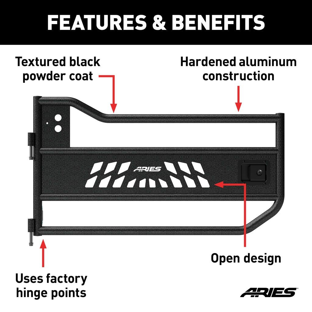 Aries Automotive Front Tube Doors (Black) for 2018-C Jeep Wrangler JL - JLU - Gladiator JT 1500200