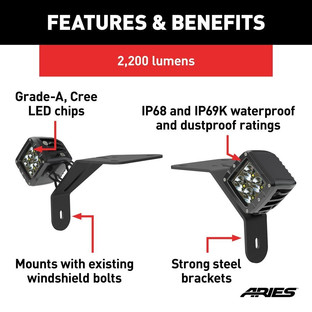 Aries Automotive Windshield LED 2" Cube Lights & Brackets for 2018-C JL - Gladiator JT 1501305