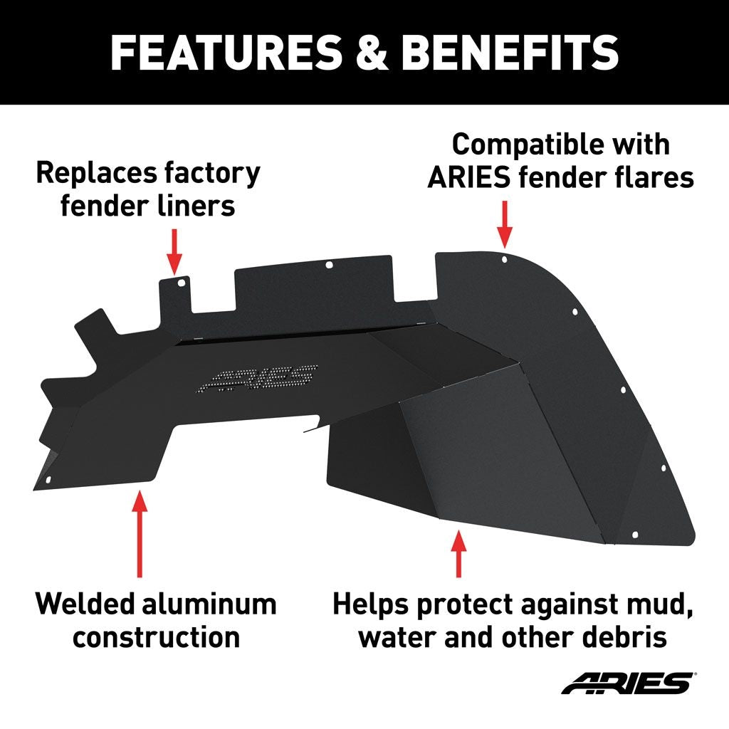 Aries Automotive Aluminum Front & Rear Inner Fender Liners (Black) for 2018-C JL-JLU 2500650