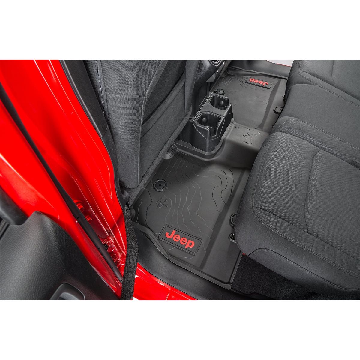 Mopar All-Weather Front & Rear Floor Liner Set (Red logo) for 2018-C Jeep Wrangler JLU 4 Door Models 82216623AA