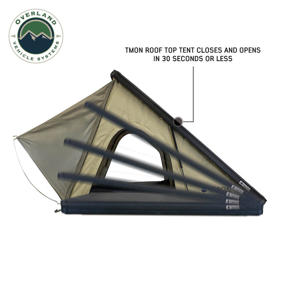 Overland Vehicle Systems LD TMON Clamshell Aluminum Hard Shell Roof Top Tent - 2 Person Capacity, Tan Body & Green Rainfly 18119935