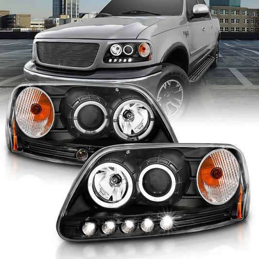 Anzo USA | Projector Headlight Set w/Halo Clear Lens Black Housing LED Halo Pair | Fits F-150 | 111031
