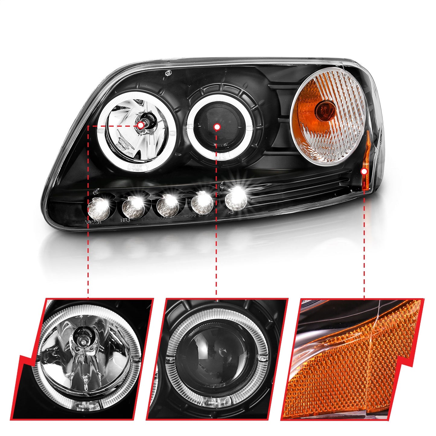 Anzo USA | Projector Headlight Set w/Halo Clear Lens Black Housing LED Halo Pair | Fits F-150 | 111031