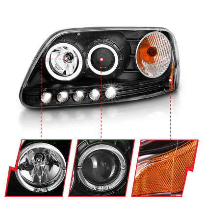 Anzo USA | Projector Headlight Set w/Halo Clear Lens Black Housing LED Halo Pair | Fits F-150 | 111031