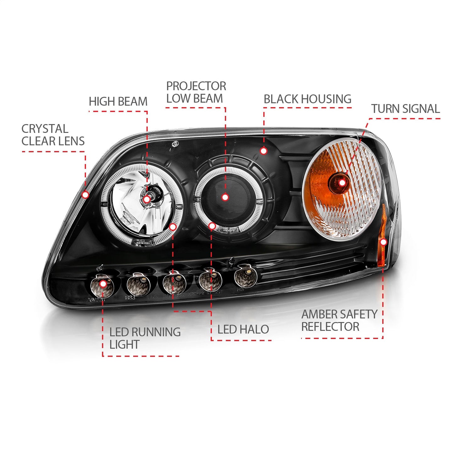 Anzo USA | Projector Headlight Set w/Halo Clear Lens Black Housing LED Halo Pair | Fits F-150 | 111031
