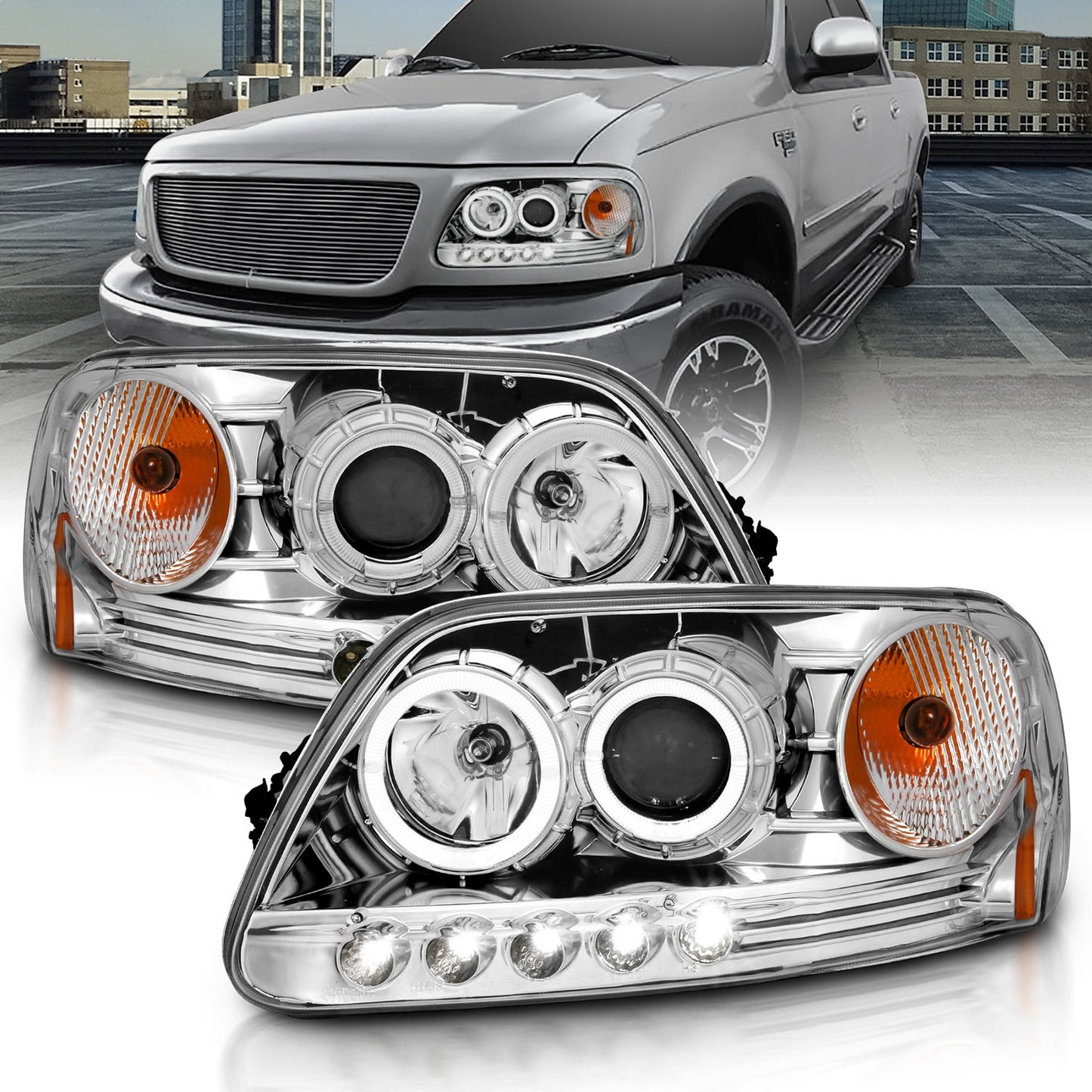 Anzo USA | Projector Headlight Set w/Halo Clear Lens Chrome Housing LED Halo Pair | Fits F-150 | 111032
