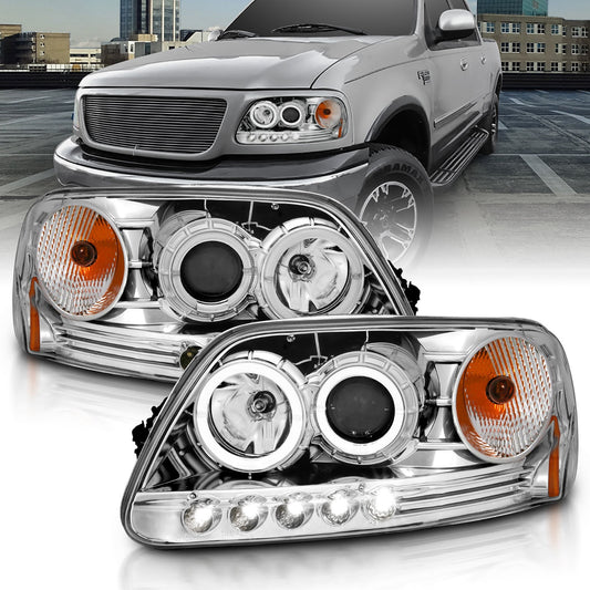 Anzo USA | Projector Headlight Set w/Halo Clear Lens Chrome Housing LED Halo Pair | Fits F-150 | 111032