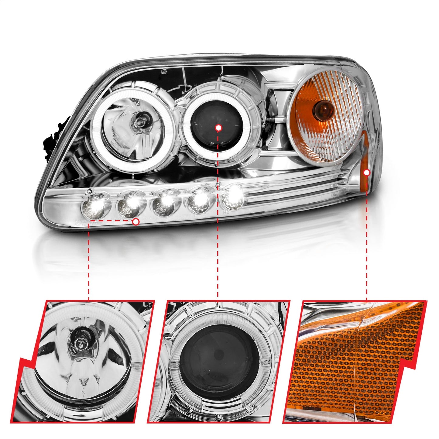 Anzo USA | Projector Headlight Set w/Halo Clear Lens Chrome Housing LED Halo Pair | Fits F-150 | 111032