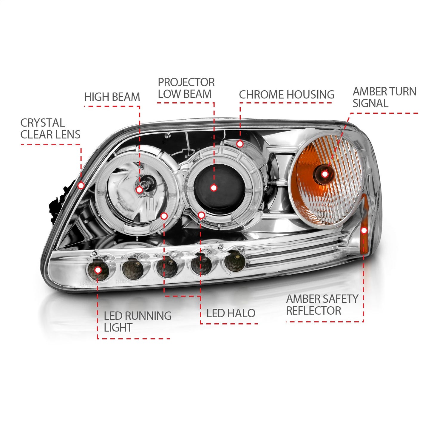 Anzo USA | Projector Headlight Set w/Halo Clear Lens Chrome Housing LED Halo Pair | Fits F-150 | 111032