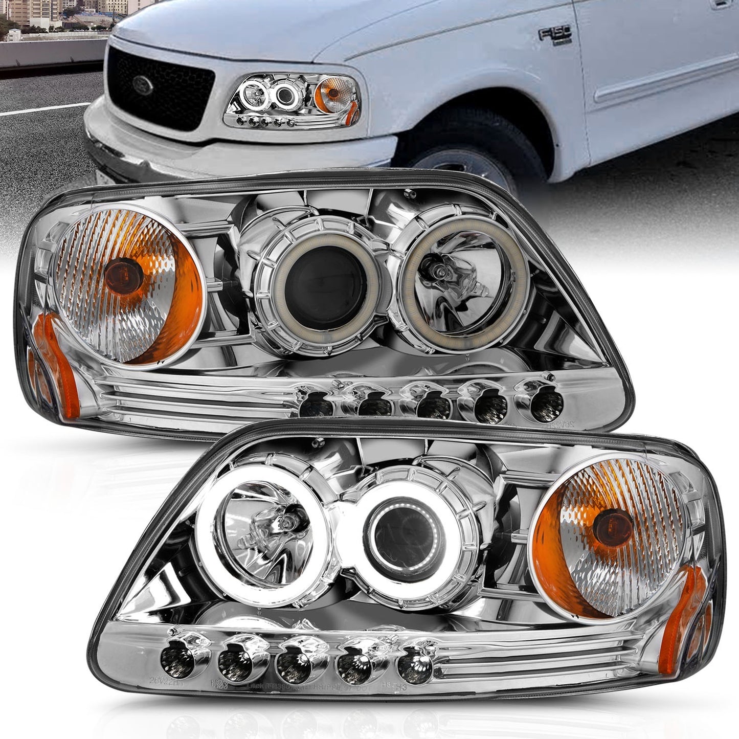 Anzo USA | Projector Headlight Set w/Halo Clear Lens Chrome Housing RX Halo/LED Pair | Fits F-150 | 111054