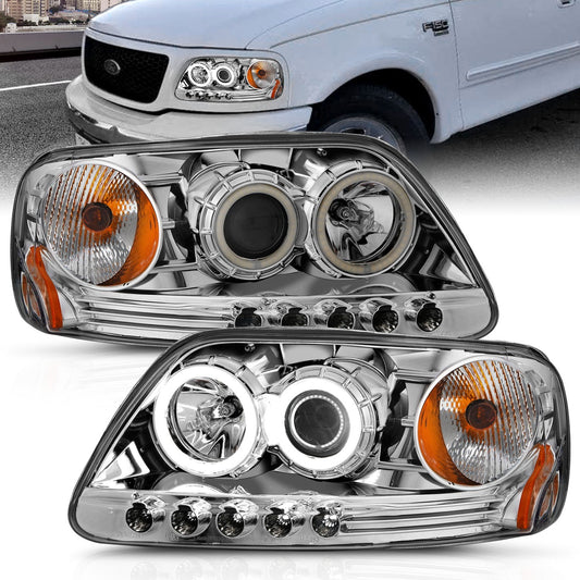 Anzo USA | Projector Headlight Set w/Halo Clear Lens Chrome Housing RX Halo/LED Pair | Fits F-150 | 111054