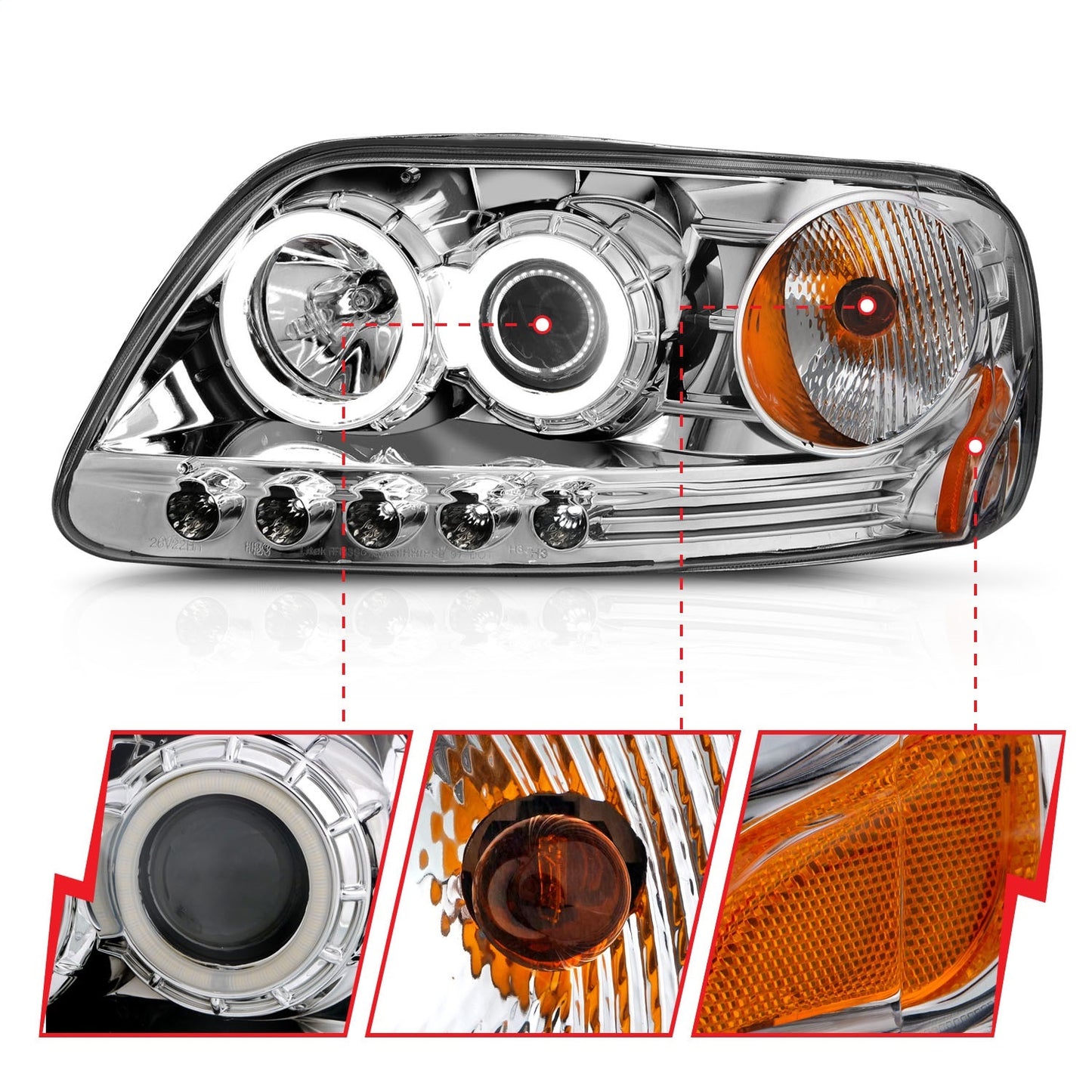 Anzo USA | Projector Headlight Set w/Halo Clear Lens Chrome Housing RX Halo/LED Pair | Fits F-150 | 111054