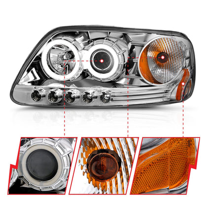Anzo USA | Projector Headlight Set w/Halo Clear Lens Chrome Housing RX Halo/LED Pair | Fits F-150 | 111054