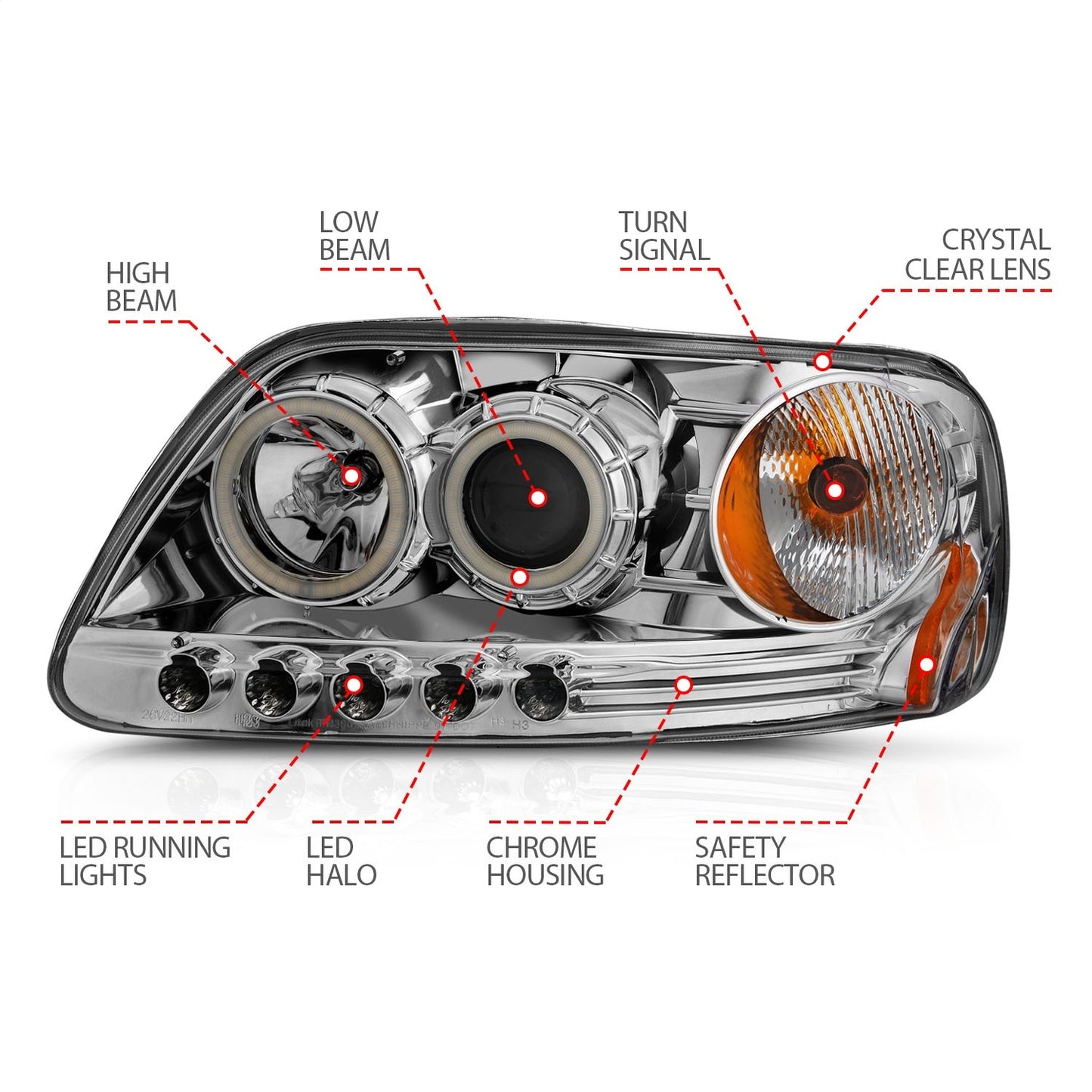 Anzo USA | Projector Headlight Set w/Halo Clear Lens Chrome Housing RX Halo/LED Pair | Fits F-150 | 111054