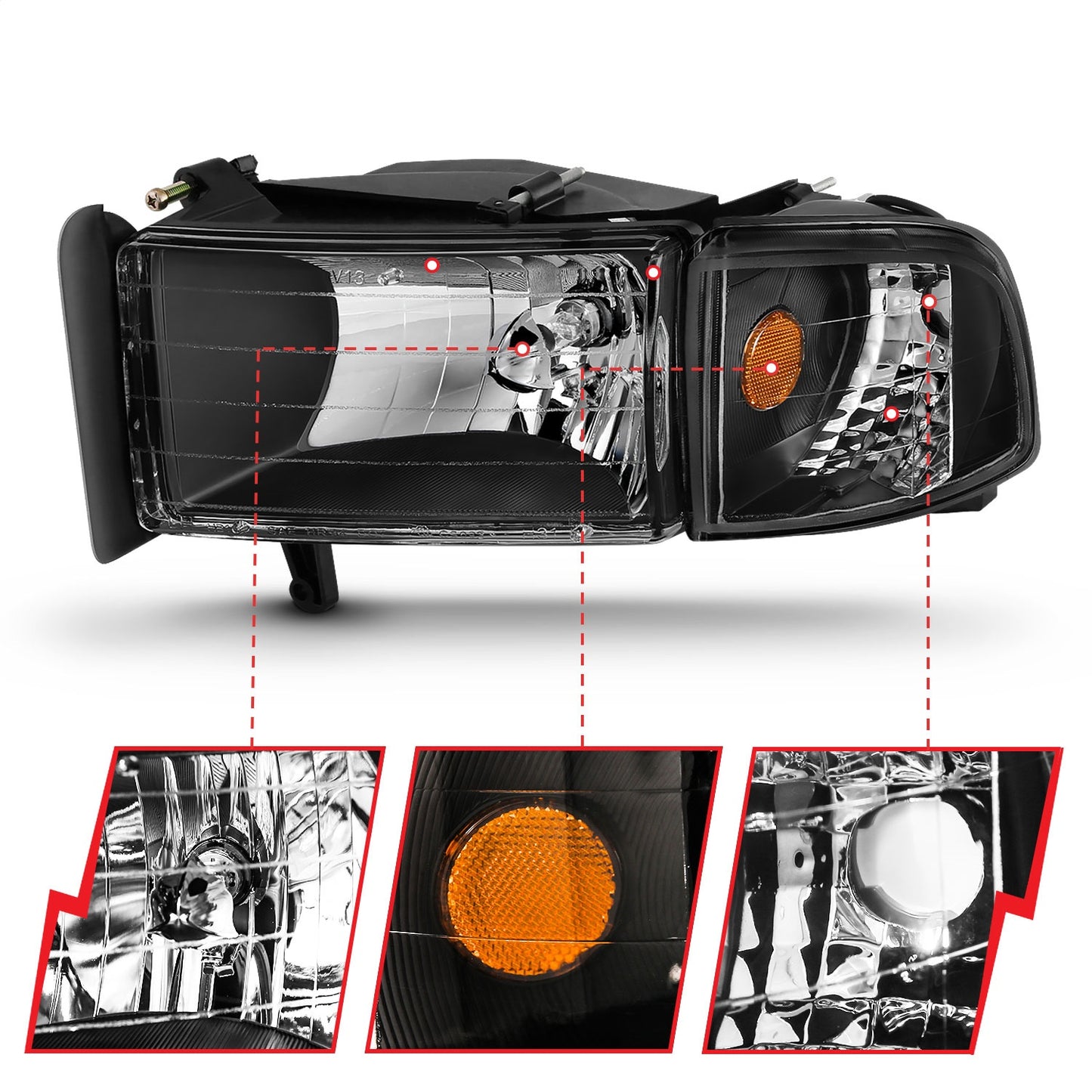 Anzo USA | Crystal Headlight Set Clear Lens Black Housing w/Corner Lights 2 pc. Pair | Fits Ram 1500 | 111067